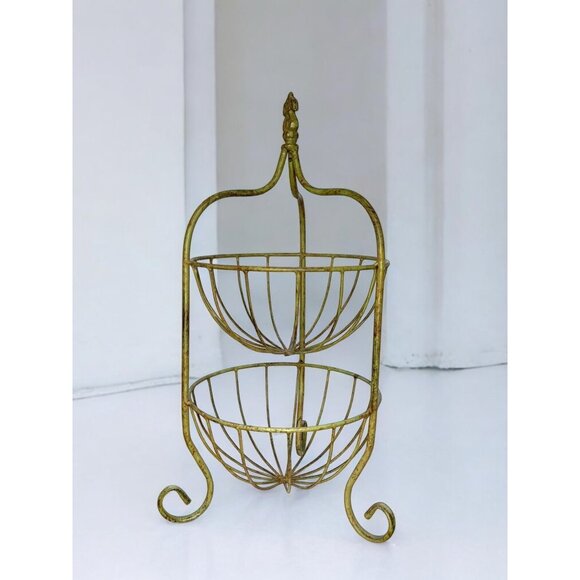 Vintage Two-Tier Wrought Iron Wire Basket Stand Decorative Storage - Picture 4 of 9
